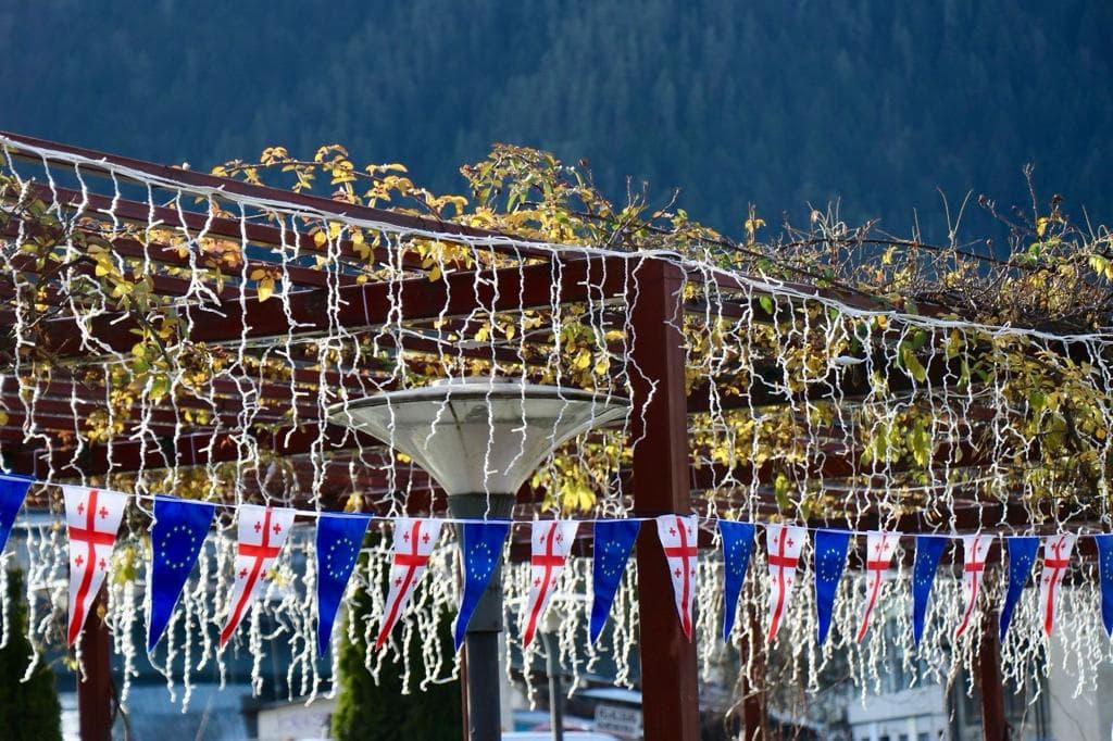 ბორჯომის ცენტრალური პარკი, რუსთაველის მოედანი და მუნიციპალიტეტის შენობა საქართველოსა და ევროკავშირის დროშებით მოირთო