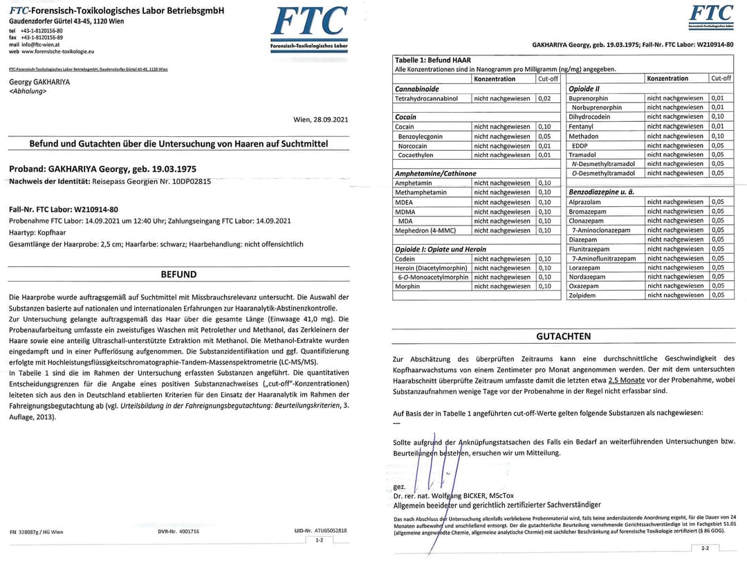 FTC-Forensisch-Toxikologisches Labor-ის დასკვნით, გიორგი გახარიას მიერ არცერთი ნარკოტიკული ნივთიერების მოხმარება არ დადასტურდა