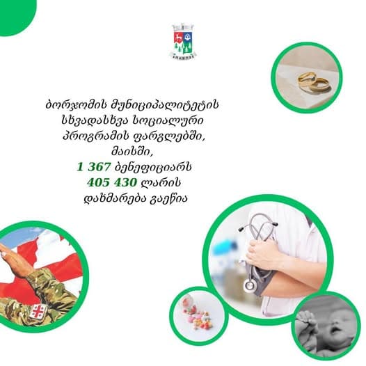 ბორჯომის მუნიციპალიტეტში მოქმედი სოციალური პროგრამების ფარგლებში, მაისში, 1 367 ბენეფიციარს 405 430 ლარის დახმარება გაეწია