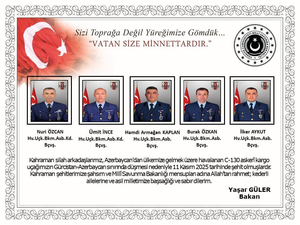 <p><span style="color: rgb(0, 0, 0)">Turkey’s Ministry of Defence has released the names of the 20 servicemen killed when a Turkish military aircraft crashed in eastern Georgia, near the country’s border with Turkey on Monday.</span></p><p><span style="color: rgb(0, 0, 0)">Among the victims are pilot Gökhan Korkmaz, technical service chief Lieutenant Emre Merkan, technical sergeants Nuri Özkan, İlhan Ongan, and İlker Aykut, as well as Air Force officers Serdar Uslu, Nihat Yılgen, Cüneyt Kandemir, Ümit İnce, Burak Özkan, Emrah Kuran, Hamdi Armağan Kaplan, Akın Karakuş, Ramazan Yağız, Emre Altıok, Burak İbiği, Berkay Karaça, Ahmet Yaşar Kuyucu, Cem Dolapçı, and Emre Sayın.</span></p><p><span style="color: rgb(0, 0, 0)">The aircraft went down in Georgia’s Sighnaghi municipality, about five kilometres from the Turkish border, while flying from Azerbaijan to Turkey.</span></p><p><span style="color: rgb(0, 0, 0)">Georgia’s authorities have launched an investigation under Article 275 (Part 4) of the country’s Criminal Code, which concerns violations of air transport operation and safety rules resulting in loss of life.</span></p><p><span style="color: rgb(0, 0, 0)">Turkey’s Defence Ministry confirmed that all 20 personnel on board perished in the crash.</span></p><p><br></p>