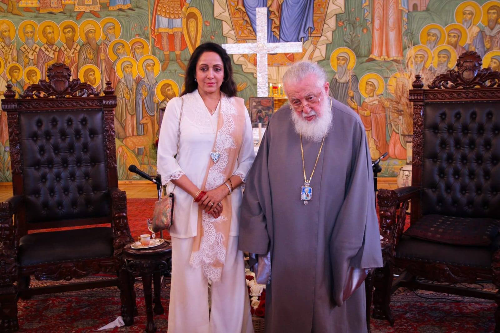 Hema Malini during her visit to Tbilisi at the Patriarchate of Georgia.